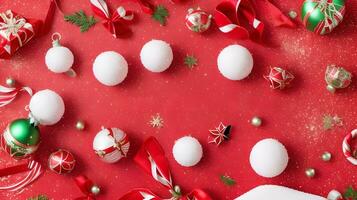 une rouge joyeux Noël Contexte avec confettis dans divers inspiré des vacances formes, tel comme ornements et bonbons cannes photo