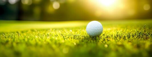 le golf Balle sur une vert herbe champ dans nature, lever du soleil, bannière avec copie espace photo