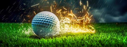 le le golf Balle mouches dans le énergie de une éclat de foudre dans une tempête, bannière photo