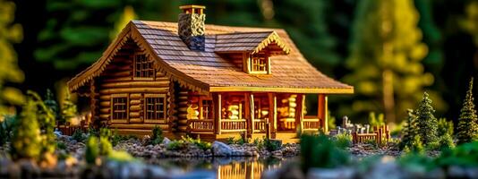 petit en bois maison par une Lac dans le forêt, bannière photo