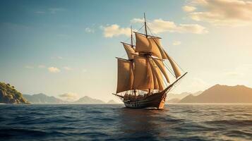 portrait pinisi navire voile sur le mer avec lumière exposition ai génératif photo