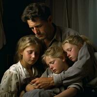 triste famille déprimé père et Trois filles photo
