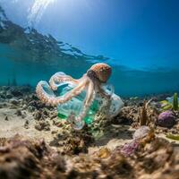 poulpe sous-marin Plastique la pollution sur ses tentacule photo