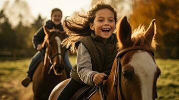 portrait des gamins équitation une cheval dans course ai génératif photo