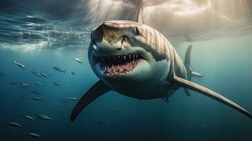 portrait effrayant blanc requin apparaissant dans le mer ai génératif photo