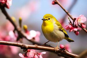 Jaune oiseau sur Sakura arbre, ai génératif photo