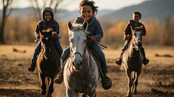 portrait des gamins équitation une cheval dans course ai génératif photo