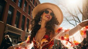 portrait fille portant sombrero dansant sur le rue de ville ai génératif photo