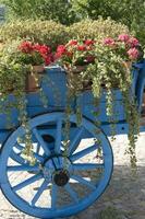 une bleu Chariot avec fleurs photo