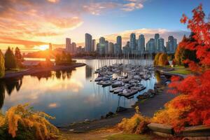 centre ville Vancouver, Britanique Colombie, Canada à Stanley parc dans l'automne, magnifique vue de Vancouver, Britanique Colombie, Canada, ai généré photo