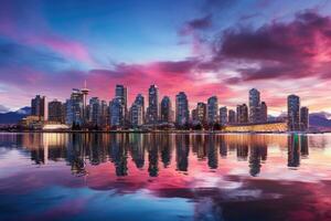 le coucher du soleil vue de le ville de Vancouver, Britanique Colombie, Canada, magnifique vue de centre ville Vancouver ligne d'horizon, Britanique Colombie, Canada, ai généré photo