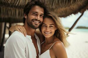 magnifique Jeune couple dans l'amour sur le plage. attrayant femme et Beau homme sont étreindre et souriant, magnifique Jeune couple souriant sur une été journée à le plage, ai généré photo