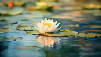 une petit lotus dans une vaste serein Lac avec flou Contexte ai généré photo