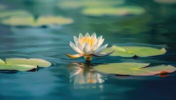 une petit lotus dans une vaste serein Lac avec flou Contexte ai généré photo