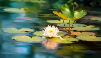 une petit lotus dans une vaste serein Lac avec flou Contexte ai généré photo