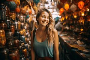 une captivant image de une Jeune femme touristique explorer traditionnel marché ai génératif photo