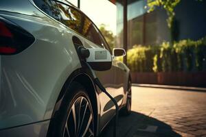 un électrique voiture est branché dans un électrique chargeur. génératif ai photo