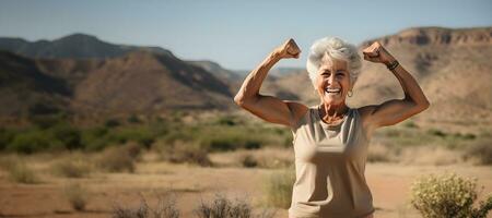 portrait de Sénior dame, femme travail en dehors Gym aptitude, aptitude concept, femme. Sénior en bonne santé mode de vie. génératif ai photo