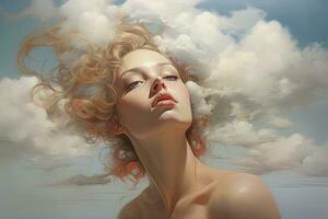 magnifique blond fille avec longue frisé cheveux. portrait de une magnifique femme dans le nuages, à couper le souffle La peinture capturer le beauté de le nuageux ciel, ai généré photo