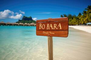 en bois enseigne avec mot bo sanglier sur tropical plage à les Seychelles, bora bora en bois signe avec plage arrière-plan, ai généré photo