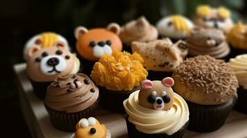 sculpté petits gâteaux, biscuits, et la glace crème dans charmant animal formes. génératif ai photo