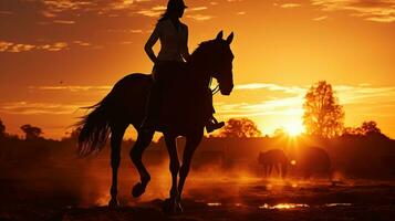 femme et cheval silhouette à le coucher du soleil. gracieux équestre. génératif ai photo