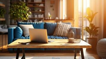 marron et bleu Accueil Bureau baigné dans lumière du soleil pour une réussi journée de travail, génératif ai photo