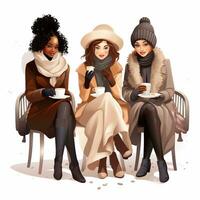 une illustration art femelle groupe en buvant café sur blanc Contexte photo
