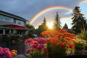 arc en ciel arcs à travers une orageux ciel création une Divin miraculeux spectacle photo