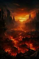 ruiné paysage urbain baigné dans ardent lueur incorporant le terrifiant enfer de guerre photo