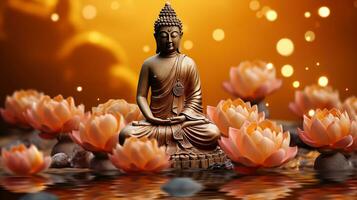 de bouddha embrasser, serein statue au milieu de lotus fleurit sur vibrant Orange photo