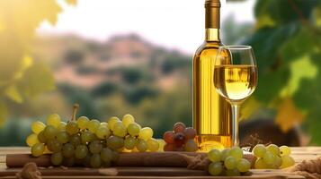 du vin et les raisins sur le sol avec bouteille lunettes, dans le style de lumière Jaune et blanc photo