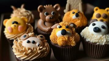 enduit de sucre zoo. se livrer dans sculpté animal Les figures fabriqué de petits gâteaux, biscuits, et la glace crème. génératif ai photo