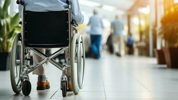 fauteuil roulant à hôpital couloir. génératif ai photo