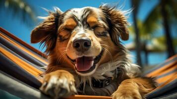 marrant chien trempe en haut Soleil dans une hamac sur été Pause photo