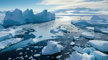 antarctique élégance. drone vue de icebergs mise en miroir la nature sublime conception photo