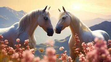 les chevaux couple pâturer sur montagnes fleurs champ, lumière du soleil Contexte. aimant cheval couple embrasser sur parmi épanouissement prairie, l'amour de deux magnifique sauvage animaux dans collines photo