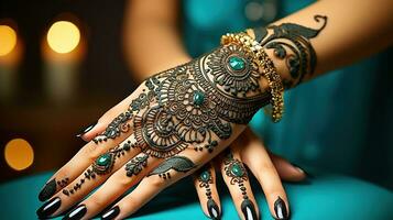 main avec parfait turquoise manucure et nationale Indien bijoux. mains de Indien la mariée fille avec noir henné tatouages photo