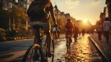 le coucher du soleil cyclisme aventure avec copains dans le cœur de le ville photo