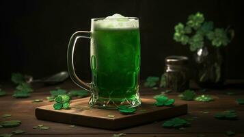 glacial agresser rempli avec vert bière, st. patricks journée. feuille trèfles épars autour le bois base, génératif ai photo