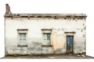 déclinant abandonné maison façade isolé sur une blanc Contexte photo