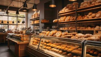 confiserie boulangerie avec vitrines et Frais des pâtisseries dans le des rayons de lumière du soleil photo