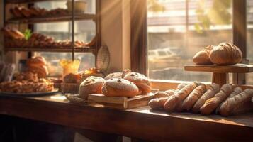 confiserie boulangerie avec vitrines et Frais des pâtisseries dans le des rayons de lumière du soleil photo