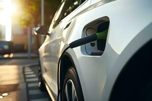 un électrique voiture est branché dans un électrique chargeur. génératif ai photo