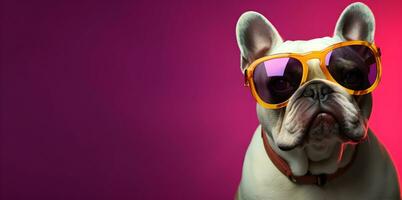 Créatif animal concept. une bouledogue portant des lunettes de soleil sur une rose Contexte , numérique art, à facettes, copie espace. génératif ai photo