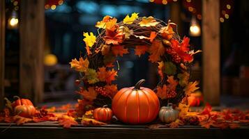 citrouille avec l'automne feuille couronne ai génératif photo