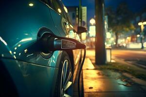 un électrique voiture est branché dans un électrique chargeur. génératif ai photo