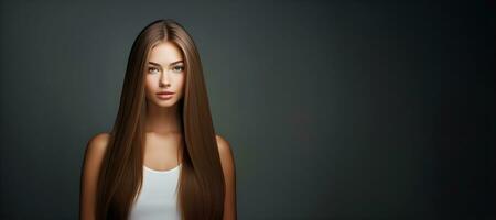 magnifique longue cheveux. beauté femme avec tout droit noir cheveux sur foncé arrière-plan, génératif ai photo