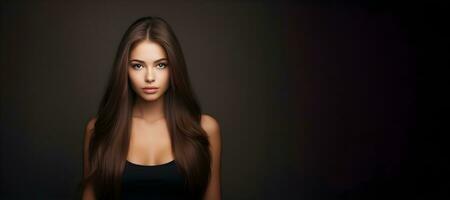 magnifique longue cheveux. beauté femme avec tout droit noir cheveux sur foncé arrière-plan, génératif ai photo