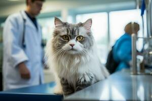 femelle vétérinaire médecin examine une chat avec une stéthoscope photo